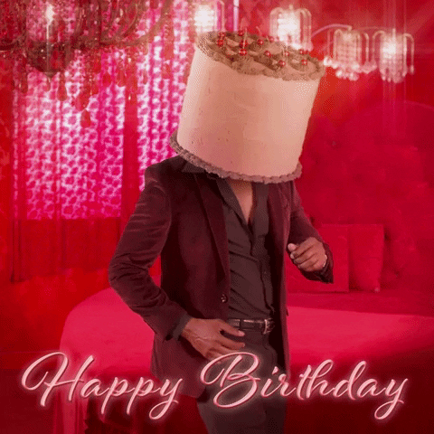 Video gif. A man with a cake on his head does a little salsa, moving his legs and hips forward in unison with his arms. Text, "Happy Birthday!"