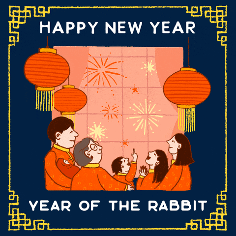 Illustrated gif. Three-generation East Asian family surrounded by paper lanterns looking out the window at red and gold fireworks, on a navy background with graphic gold trimming. Text, "Happy new year, year of the rabbit."
