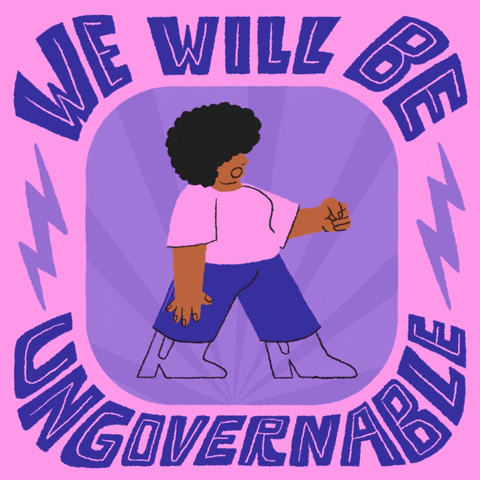 Digital art gif. Protesting woman within a rounded purple square window against a pink background raises her fist in the air. Text, “We will be ungovernable.”