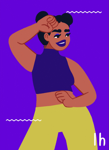 Illustrated gif. Girl wearing a purple crop top with her hair in pigtail-buns dances in an environment flashing with purple, orange, teal, and yellow.