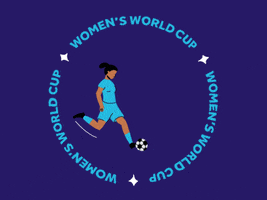 Digital illustration gif. Woman in a soccer jersey kicks a soccer ball. A circle with text surrounds her with text that reads, "Women's World Cup," against a royal blue background. 
