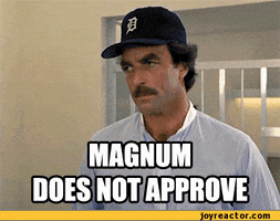 TV gif. Tom Selleck as Magnum in Magnum PI glances towards us with a look of disapproval. Text, "Magnum does not approve."
