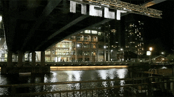 Video gif. A body of water under a bridge with a backdrop of a city, and the word "help" falls from the bridge like rain.