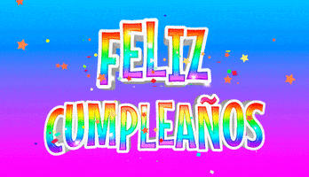 Text gif. Rainbow-colored block lettering pops up against a blue, purple, and pink gradient background and reads, in Spanish, "Feliz cumpleaños."