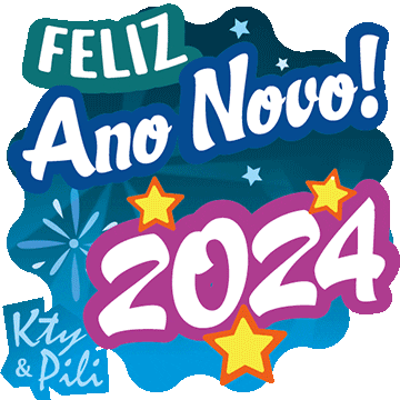 Text gif. The text, "Feliz Ano Novo 2024," is written in Spanish and is surrounded by fireworks and stars.
