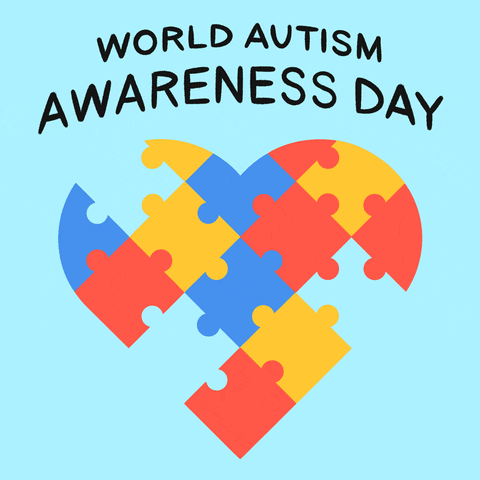 Illustrated gif. Last few pieces are inserted into an orange, gold, and blue heart-shaped puzzle on a sky blue background. Text, "World Autism Awareness Day."