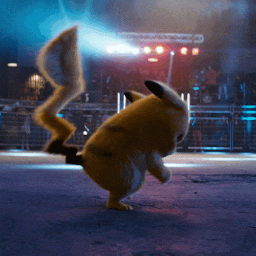 Pokemon gif. Pikachu in Detective Pikachu dances and boxes the air, psyching up for a battle.