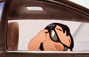 Disney gif. Lilo peers out of her car window. She lowers her sunglasses and looks over them with annoyance before rolling up her window and driving away.