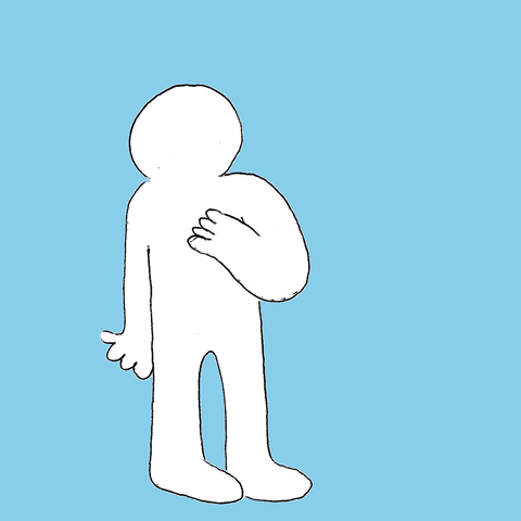 Illustrated gif. The silhouette of a cartoon person is standing in the middle of the gif and rips their heart out and tosses it in the air, letting it float up and away.