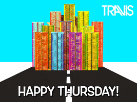 Video gif. A man’s smiling face inside of a cartoon sun rises over an animated city. Text, “Happy Thursday!”