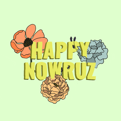 Illustrated gif. Leaves sprout from peach, eggshell blue, and tan flowers that intertwine with chartreuse text on a pale tea green background. Text, "Happy Norwuz."