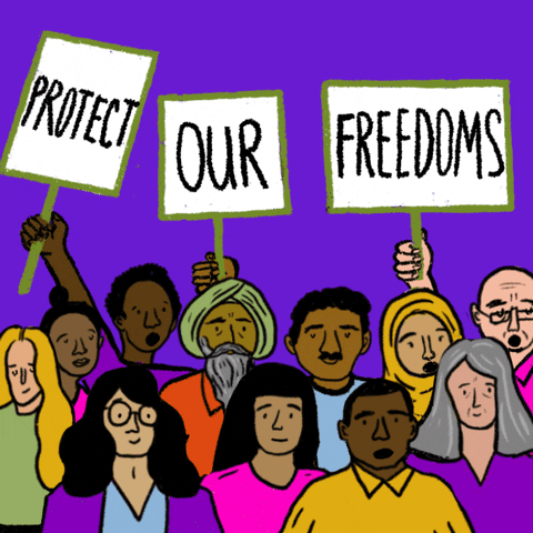 Illustrated gif. Diverse crowd of people on a purple background, some holding picket signs reading, "Protect, our, freedoms."
