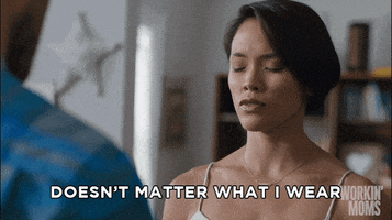 TV gif. Jessalyn Wanlim as Jenny Matthews on Workin’ Moms shakes her head and has a frustrated look on her face as she says, “Doesn't matter what I wear. Everyone hates me.” 