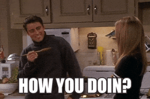 Friends gif. Matt Leblanc as Joey leans back on the kitchen counter with a wooden spoon in his hand. He looks over at Jennifer Aniston as Rachel who stands with crossed arms. He nods his head and smiles flirtatiously as he says, “How you Doin?”