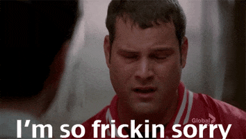 TV gif. Dave Karofsky as Max Adler on Glee looks down with a guilty expression as he says, “I’m so frickin’ sorry.”