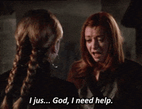 TV gif. Alyson Hannigan as Willow on Buffy the Vampire Slayer cries to Buffy as she says, “I jus.. God, I need help.”