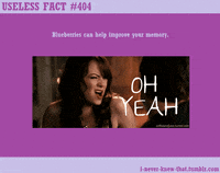 Movie gif. Emma Stone as Olive in Easy A enthusiastically shakes her head as she speaks to someone. Text, "Oh yeah." Text outside of the movie clip reads, "Useless fact 404 Blueberries can help improve your memory."