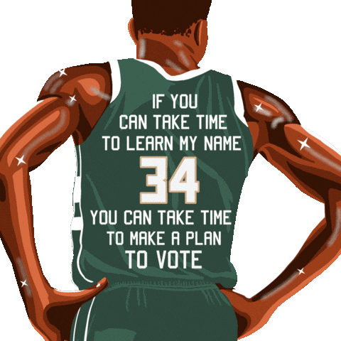 Digital art gif. Black basketball player wearing a green Number 34 jersey stands with his back to us, hands on his hips against a transparent background. The back of his jersey says, “If you can take time to learn my name, you can take time to make a plan to vote.”