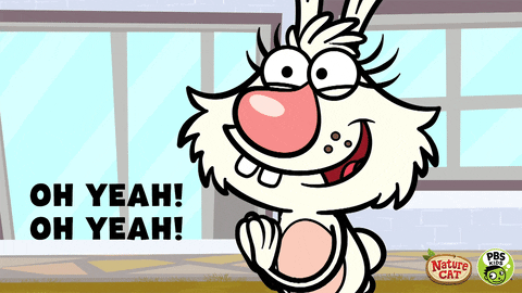 Cartoon gif. Daisy the Bunny from Nature Cat is grinning and pumping her hands in the air one at a time while saying, "Oh yeah, oh yeah!"