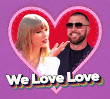 Digital illustration gif. Taylor Swift and Travis Kelce are next to each other in a pink heart frame that pulses forward and backward. Taylor is blowing a kiss as Travis wears sunglasses and smiles. Text, "We love love."