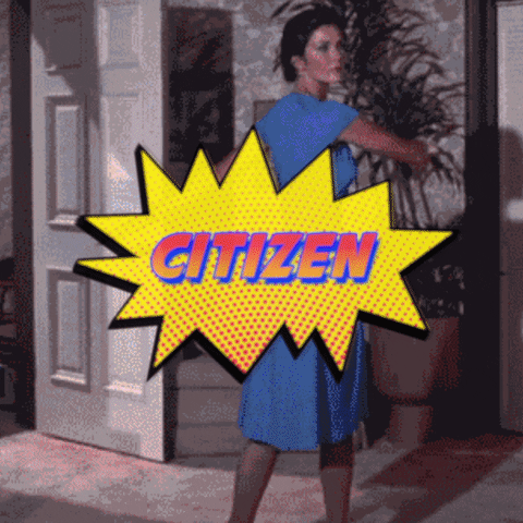 Celebrity gif. Lynda Carter wearing a plain blue dress with the label “citizen,” reaches her arms out and spins around; a blinding light flashes and reveals that she has changed into her Wonder Woman costume with the label “election hero.”