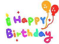 Sticker gif. Text, 'Happy birthday,' is flashing rainbow colors and a candle and two balloons come out on the side. It's drawn cutely, with stars and dashes all around and faces on the candle and balloons.