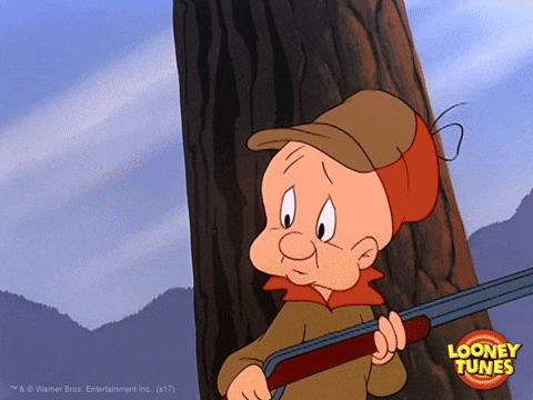 Cartoon gif. Elmer Fudd in Looney Toons stands in front of a tree holding his shotgun looking bewildered.