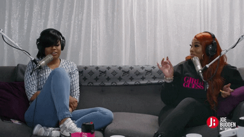 Video gif. Karen Civil and Ming Lee on Girl I Guess on the Joe Budden Network are chatting and Karen says, "Okay, I need those," as Ming laughs in agreement.