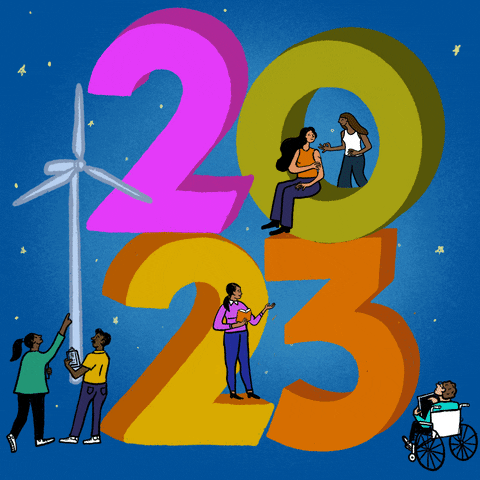 Digital art gif. Group of diverse young people chatting and reading, one in a wheelchair, next to a wind turbine and all around big colorful block numbers that read, "2023."