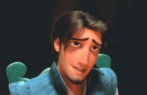 Movie gif. Flynn from Tangled is sitting in a chair and he gives his most charming smile, raising one eyebrow up for emphasis. 