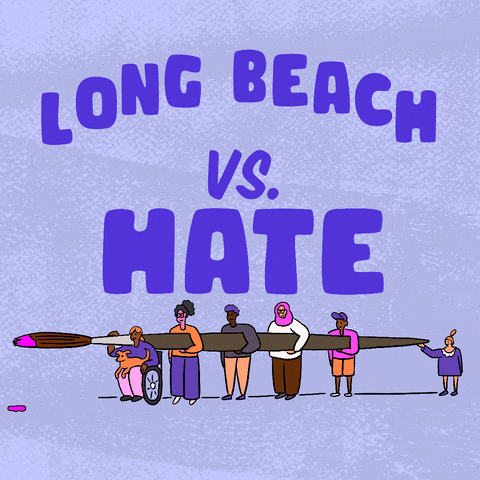 Digital art gif. Big block letters read "Long Beach vs hate," hate crossed out in paint, below, a diverse group of people carrying an oversized paintbrush dripping with pink paint.