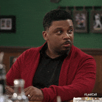 TV gif. Carl Payne as Todd in Last Call, sits at a bar, his eyes darting around slowly as he says "...yeah," which appears as text.