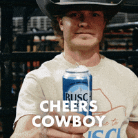 Sponsored gif. Man wearing a cowboy hat offers a foaming can of Busch Light beer. Text reads, “Cheers cowboy.”