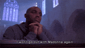 Movie gif. Charles Barkley in Space Jam is in a church, praying with his hands under his chin. He says, “I won’t go out with Madonna again.”