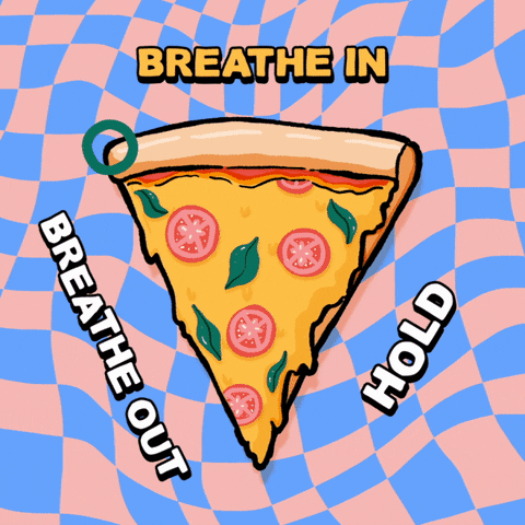 Digital art gif. A small circle traces the outline of an illustration of a piece of pizza. As the circle travels around the pizza, numbers on the pizza count from one to three. Around the outside of the pizza are the words, "Breathe in, hold, breathe out," everything against a wavy pink and blue checkered background.