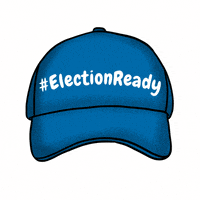 Digital art gif. Blue baseball cap radiates cheerful yellow lines against a white background. Text, “#ElectionReady.”