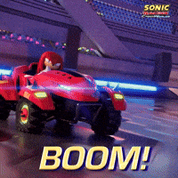 Sponsored gif. Knuckles the red echidna from Sonic the Hedgehog gets blown into the air by a missile while driving his red race car.