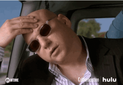 TV gif. Evan Handler as Charlie Runkle on Californication rests his elbow on a car window and shakes his head "no," exasperated.
