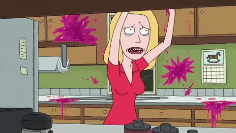 Cartoon gif. In a messy, splattered kitchen, panicky and teary Beth, from Rick and Morty, pulls down a bottle of wine and a glass, and shakily and urgently pours wine and then downs it.