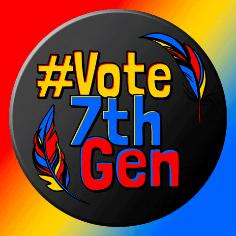 Digital art gif. Circle graphic over a rainbow background, featuring the two colorful feathers encircling the text, "#Vote 7th Gen" flashing in multi-colored font.