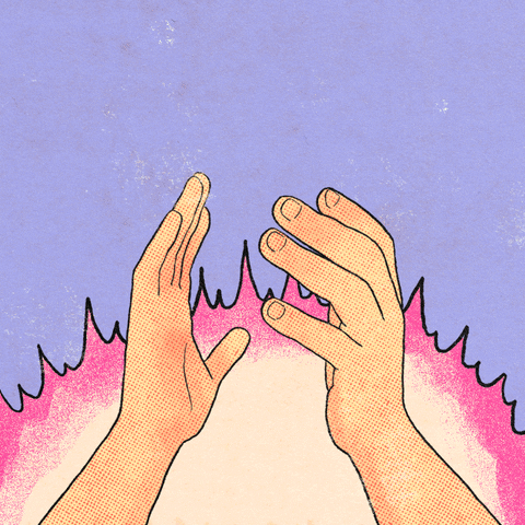 Digital art gif. Pair of hands raise from below, clapping together against a pink and purple background. A speech bubble emerges from the hands that read, “Clap for election heroes!”