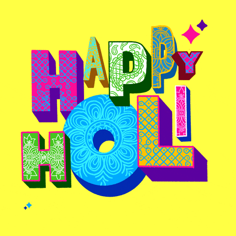 Text gif. Pink, blue, and purple squiggles and pulsing diamonds frame vibrant, patterned letters as they vibrate on a yellow background. Text, "Happy Holi."