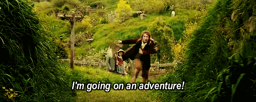 Movie gif. Billy Boyd as Pippin in Lord of the Rings runs excitedly toward us through a grassy glen, holding a long sheet of paper. Text, "I'm going on an adventure!"