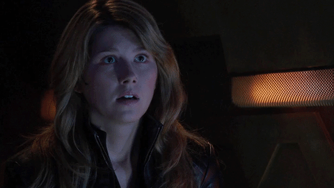TV gif. Jewel Staite as Jennifer Keller on Stargate Atlantis looks breathless and shocked. Text, "My god, how big is that thing?"