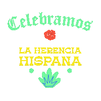 Digital art gif. Leafy stems emerge from colorful flowers surrounding the words “Celebramos La Herencia Hispana” as confetti falls against a transparent background.