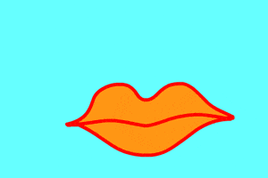 Illustrated gif. Orange lips on a teal background make a smooching face, and a red heart appears.