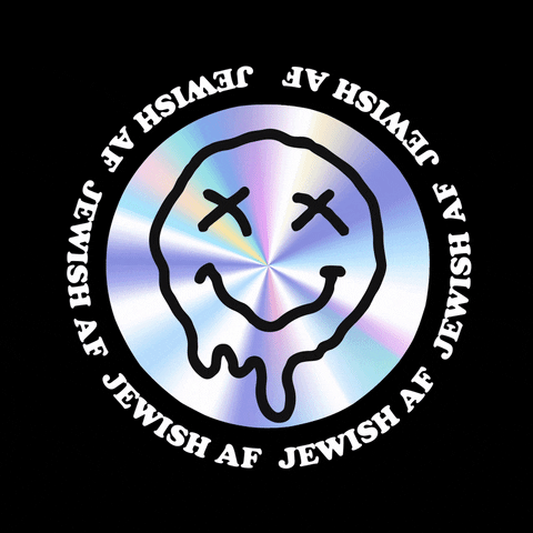 Digital art gif. CD hologram spins beneath a doodle of a dead, melting smiley face, text all around reads, "Jewish AF."