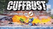 Video game gif. Title screen for a game titled "CUFFBUST." The scene depicts two animated Koala characters relaxing on beach chairs on a beach. They are surrounded by tropical scenery and a fire in the background. The text "WISHLIST ON STEAM" appears prominently. Then,  "Coming 2025 , maybe IDH TBH."  The logo for Two Star Games appears at the bottom of the gif.