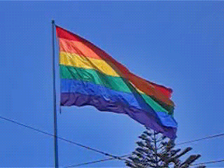 Video gif. A large rainbow Pride flag on a pole flaps in a stiff breeze on a quick loop.