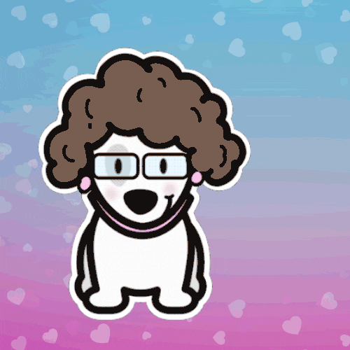 Illustrated gif. A dog in a short curly wig with glasses on a chain looks at us while an orange present slides on the screen in front of her and a pup in a bow tie pops out. A pink heart bubbles up with text in Spanish that reads, "Feliz día."